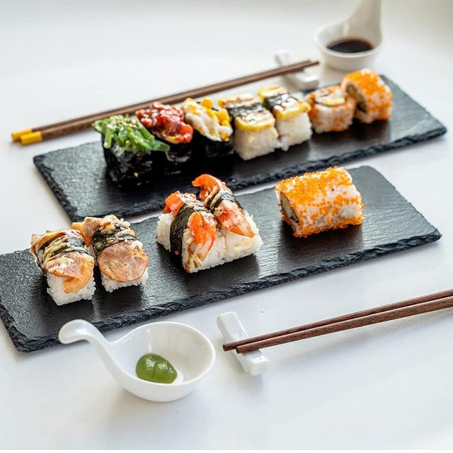 WLWNWFT Sushi Plate Set, Natural Slate Sushi Serving Dishes, Japanese Dinnerware Sets with 2 Soy Sauce Bowls, 2 Pairs of Chopsticks and Holders for Wedding Housewarming