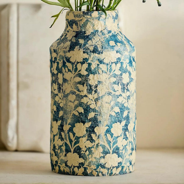 Patterned Papier Mache Vase, Sun Print - Blue Pattern, Standard, Tall