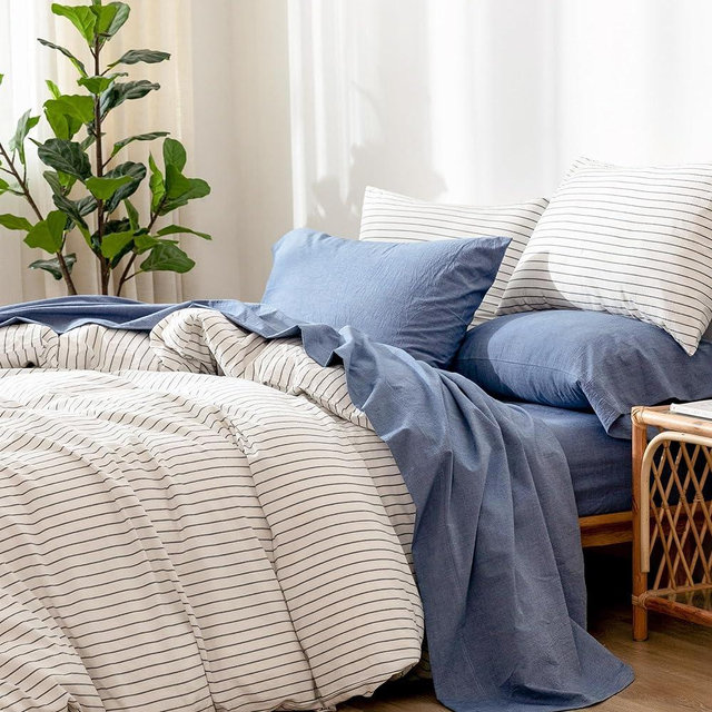 MooMee Bedding Sheet Set 100% Washed Cotton Linen Like Textured Breathable Durable Soft Comfy(Blue,Queen)