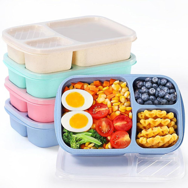 5 Pack Bento Box Adult, Lunch Box Kids，3-Compartment Bento Snack Boxes,Food-Safe Materials，Food Storage Containers for School, Work and Travel，Microwave and Dishwasher Safe(4 Color)