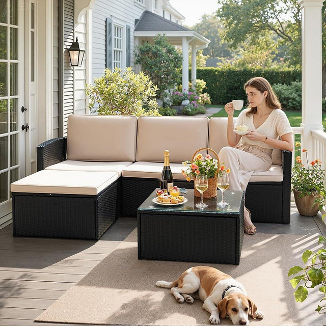 Devoko Patio Conversation Set 4 Piece Outdoor Furniture Sets PE Wicker Rattan Patio Sofa Sectional Adjustable All-Weather with Cushions and Glass Table for Porch Backyard Poolside, Beige