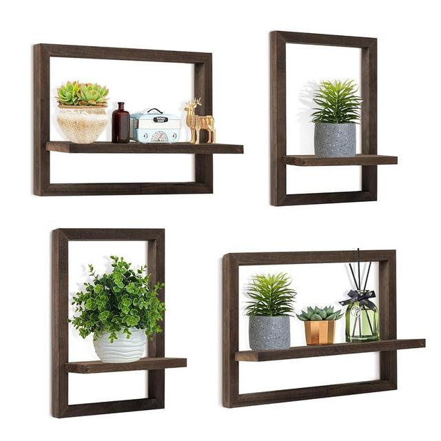 idee-home Square Floating Shelves for Wall, Home Decor Square Floating Shelf Wood Floating Shelves Set of 4, Hanging Shelves Wall Mounted Shelves for Bathroom, Living Room Storage Dark Brown
