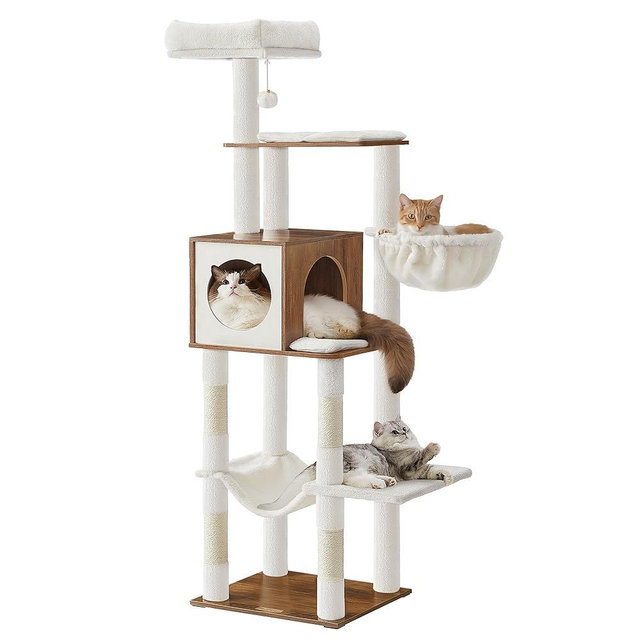 Feandrea Cat Tree, 65-Inch Tall Cat Tower, Multi-Level Condo with Cave, Basket, Hammock, Pompom, Scratching Posts, Honey Brown UPCT118K03