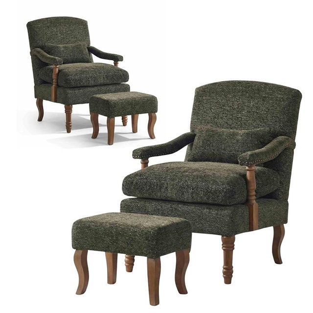 Arvasslia Accent Chair with Ottoman Set of 2, Farmhouse Upholstered Armchair with Removable Thick Cushion & Lumbar Pillow, Wood Turned Legs, Comfy Reading Chair for Living Room Bedroom, Dark Green