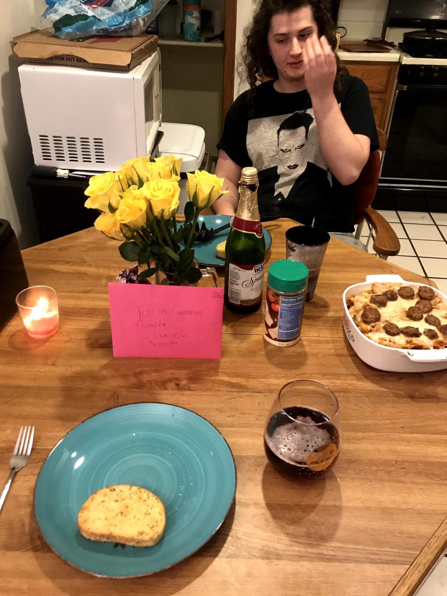 Second Valentine's Day, Austin made the sausage into a heart on the pasta and surprised me when I got off work.