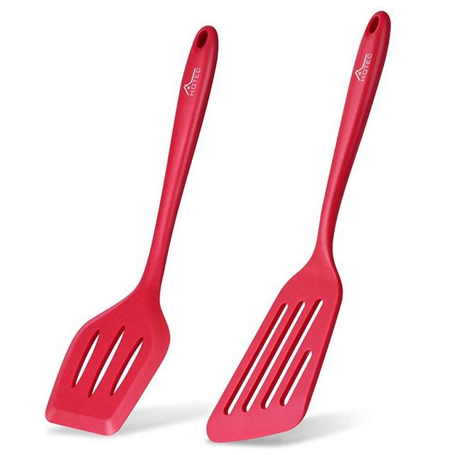 Hotec 2 pieces Food grade Silicone Slotted Fish Turner Spatula Set Kitchen Utensils for Baking, Cooking Heat Resistant Non Stick Cookware Strong Stainless Steel Core Inside Dishwasher Safe (Red)