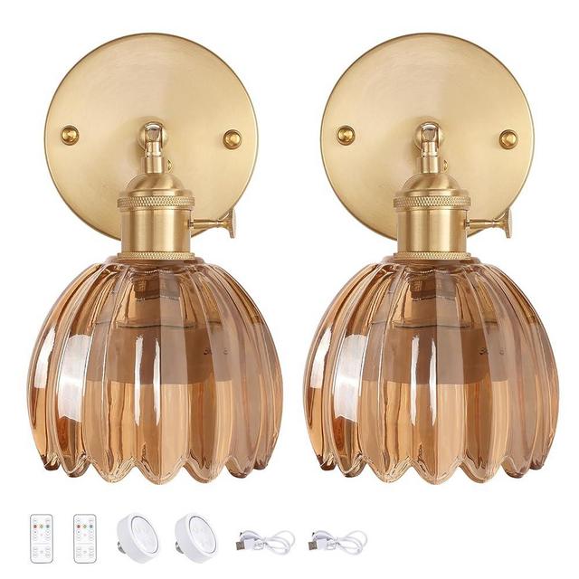 Shenmoyl Vintage Battery Operated Wall Sconce with Amber Tulip Glass Lampshade Rechargeable Battery Powered Wall Light with Remote Control for Bedside Bedroom Doorway, Set of 2