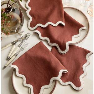European Linen Scallop Edge Napkins in Bordeaux/Flax (Set of 8)