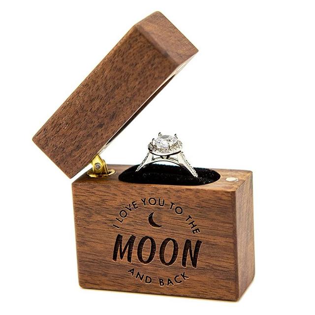 MUUJEE I Love You to The Moon and Back Slim Wood Ring Box - Engraved Wooden Ring Holder for Engagement Proposal Wedding Ceremony Ring Bearer Box