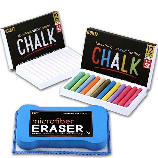 Huntz Non-Toxic White Dustless Chalk (12 ct Box) and Colored Dustless Chalk (12 ct Box) /(Washable & Reusable) Premium Microfiber Eraser