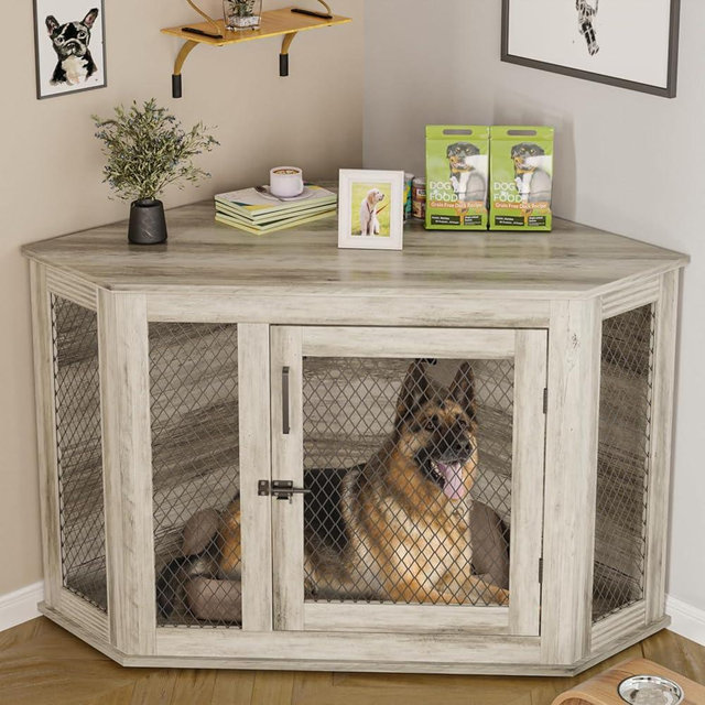 PUKAMI 52 inch Corner Dog Crate Furniture,Wooden Dog Kennel Furniture with Mesh,Decorative Wood Dog House for Small/Medium/Large Dog,Perfect for Indoor Limited Room