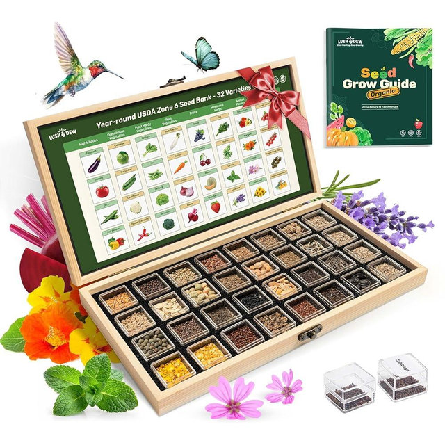 Lush&Dew Year-Round USDA Zone 6 Heirloom Survival Seed Kit, 32 Varieties 30,000+ Non-GMO Seeds for Planting Vegetables Herbs, Gardening Gifts for Women Men, Raised Beds, Indoor Outdoor Home Gardens