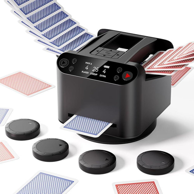 Automatic Card Shuffler & Dealer for 1-2 Decks, Rechargeable, Remote Card Calling, Ultra Quiet, Supports Up to 12 Players, Preset Games for Poker, UNO, Blackjack, Texas Hold'em, Crazy Eights & More