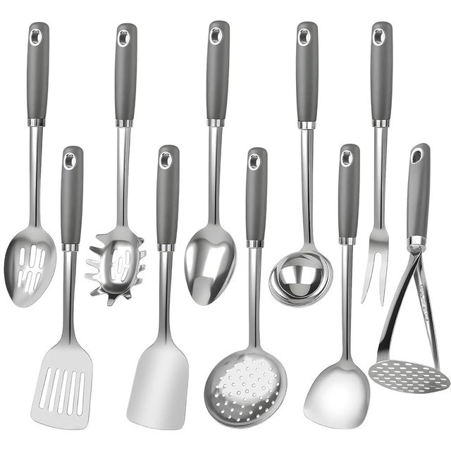 10 Piece Stainless Steel Cooking Utensils Set - 18/0 Heavy Duty Kitchen Tools for Grilling & Serving (Grey)
