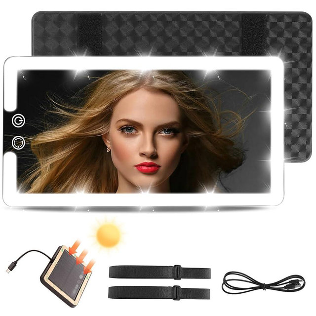 Upgraded Large Led Car Vanity Mirror with Solar&USB-C Charging,10" Sun Visor Mirror with 3-Color Dimmable Rechargeable LED Lights,Car Makeup Mirrors with Secure Reinforced Flexible Mount