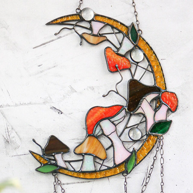Dreamcatcher Moon Mushrooms Cottagecore decor Stained glass Suncatcher mushrooms Wall art decor Handmade gift idea Halloween decor