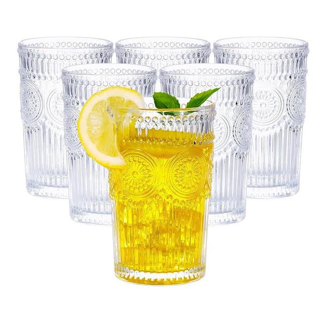Vintage Glassware Romantic Drinking Glasses - 12 oz Cocktail Glasses Set of 6 Embossed Water Glasses Drinking Perfect Glass Cups for Coffee, Cocktails, and Beverages Dishwasher Safe Ideal Gifts