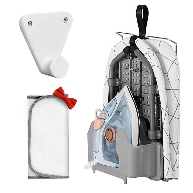 KLIFI™ Small Ironing Board Iron Board Hanger Wall Mount – Table Top Ironing Board with Adjustable Legs – Foldable Ironing Board with Built-in Iron Rest, Ironing Cloth – Compact and Lightweight -Grey