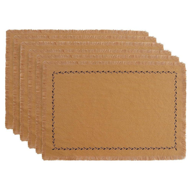 Ayuzawa Handmade Placemat Set of 6, 100% Cotton Embroidered Placemats with Tassels, Heat Resistant and Washable, Kitchen Table Decor, 13 x 19 Inch, Caramel