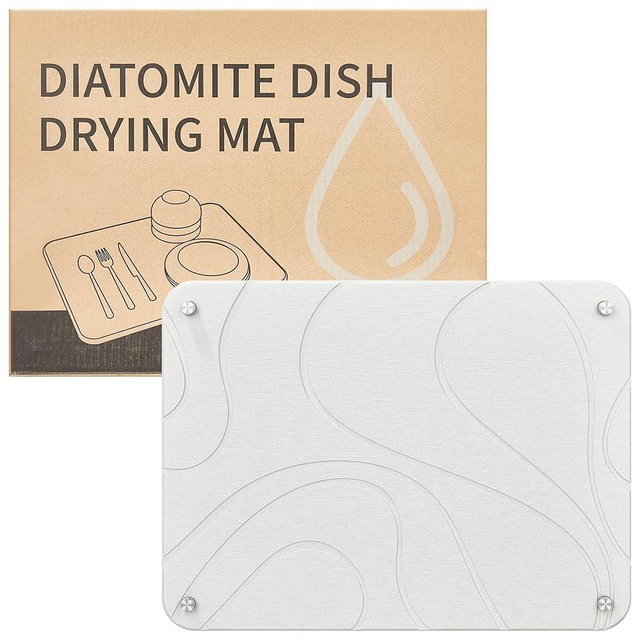 Amviner Stone Dish Drying Mat for Kitchen Counter, Quick Drying Diatomaceous Earth Dish Drying Mat with 4 Metal Feet for Kitchen Sink, 15.7 X 11.8 Inches, Non Slip Heat Resistant, White