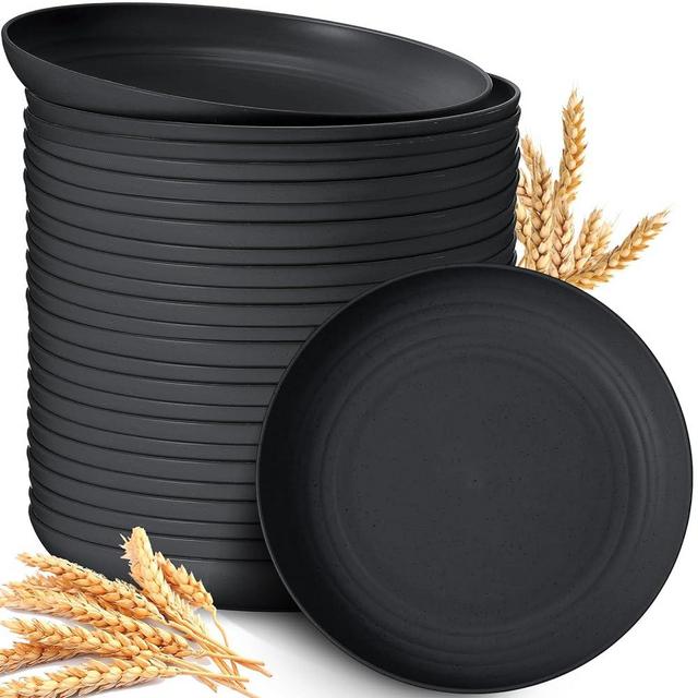 Mifoci 24 Pcs 10 Inch Wheat Straw Plates Lightweight Unbreakable Deep Dinner Plates Reusable Plastic Plates Microwave Safe Dinnerware for Adult Kids Children Toddler Kitchen Camping Salad (Black)