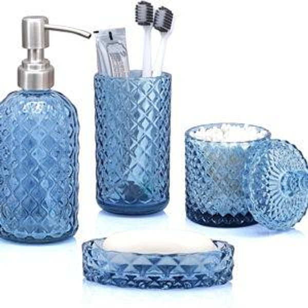 Blue Bathroom Accessories Set, 4Pcs Clear Glass Bathroom Accessory Set, Lotion Soap Dispenser, Toothbrush Holder Set, Soap Dish, Qtip Holder for Vintage Crystal Bath Decor, Gift Set