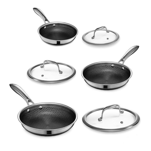 HexClad Cookware Set, 3-Piece Hybrid Stainless Steel Cookware Set with 7 Inch Nonstick Frying Pan Nonstick, 10 Inch Frying Pan Nonstick & 8 Frying Pan Nonstick with Lid, Dishwasher & Oven Safe