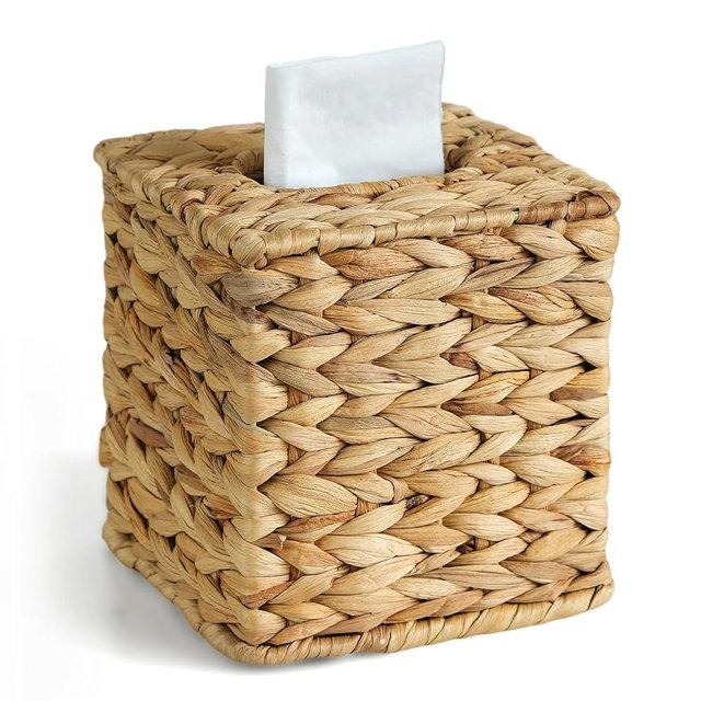 KALEKAIL Rattan Tissue Box Cover, Wicker Tissue Box Holder Square, Boho Decorative Woven Water Hyacinth Cube Tissue Holders for Bathroom Living Room Kitchen