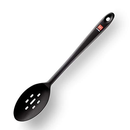 Di Oro Seamless Series Slotted Silicone Spoon - 600F Heat-Resistant Rubber Non-Stick Kitchen Utensil for Mixing, Serving, Cooking and More - LFGB Certified and FDA Approved Pro-Grade Silicone – Black