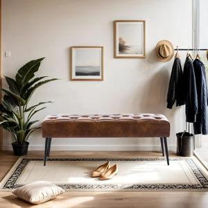 Button-Tufted Ottoman Bench, Yellowish Brown