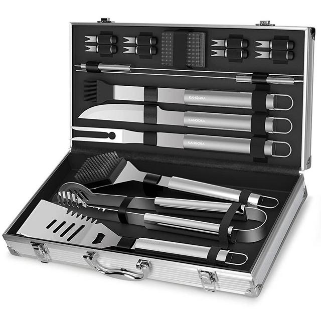 Professional BBQ Grill Utensils w/ Storage Case (18-Piece Set) Stainless Steel Barbecue Tools | Outdoor Cooking Accessories | Spatula, Tongs, Cleaning Brush, Baster & More by KANGORA