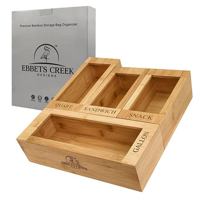 Bamboo Ziplock Bag Organizer for Drawer - 4 Piece Wood Ziplock Bag Storage Organizer for Drawer - Storage for Gallon, Quart, Sandwich & Snack Bags - LARGER Size Quart Container - Kitchen Bag Organizer