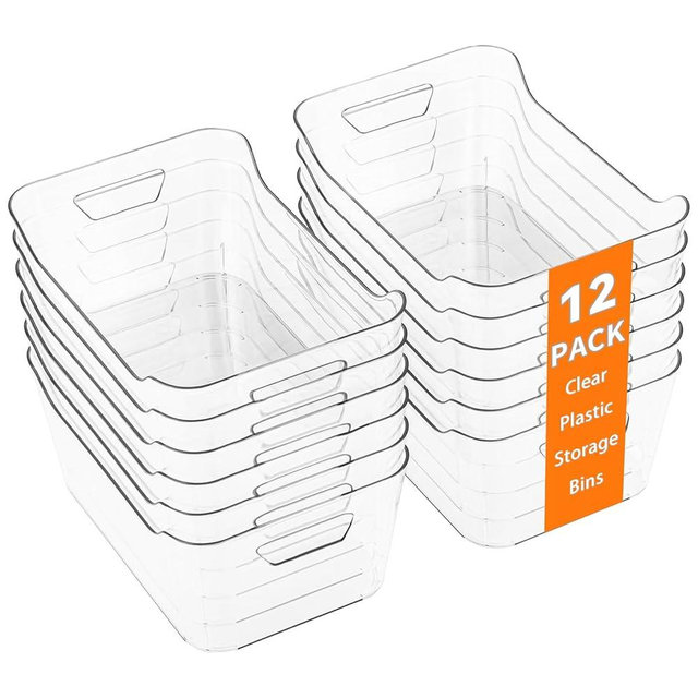 AntStep 12 Pack Clear Plastic Storage Bins, Pantry Organizers and Storage, Clear Pantry Organizer Bins, Plastic Containers with Handle for Kitchen,Freezer,Cabinet,Closet,Bathroom Under Sink Storage