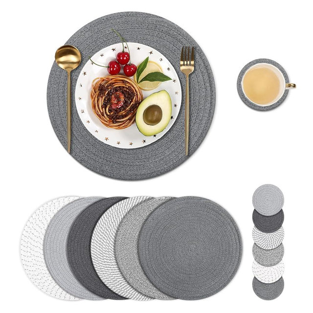 SHACOS Woven Rope Round Placemats Set of 6, 13inch Cotton Braided Placemats and 5.2inch Drink Coasters for Kitchen, Heat Resistant Farmhouse Weave Place Mats for Home and Dining Table (Gray)