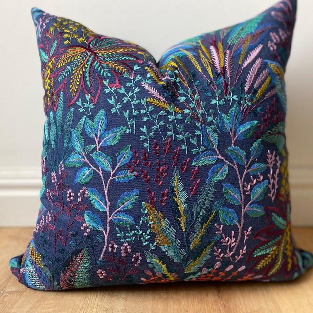 Designer embroidered floral fabric pillow cover navy blue jewel tones available in multiple sizes hygge modern Scandinavian boho farmhouse