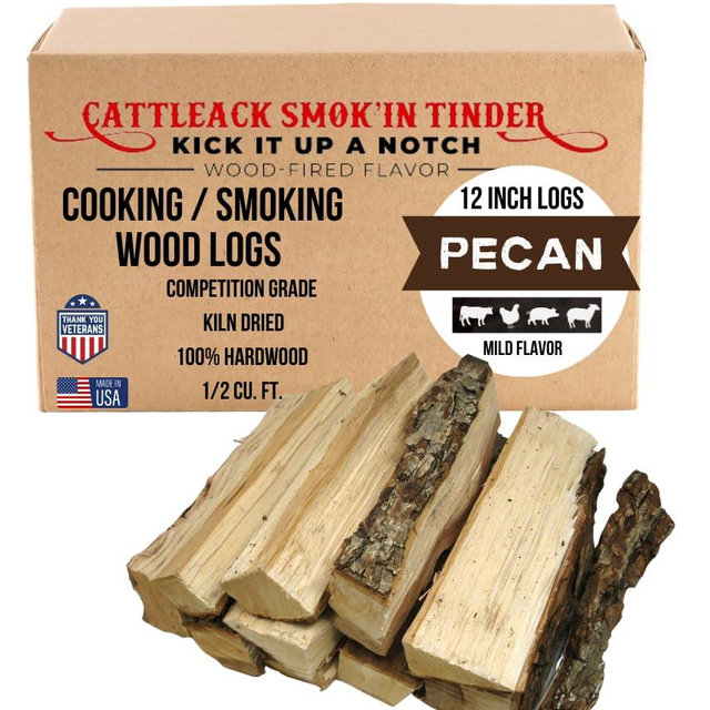 Cattleack Smok’in Tinder Pecan Wood Logs for Smoking & BBQ – Kiln Dried Cooking Logs for Smokers, Grills & Pizza Ovens, 12" Length up to 3" Thick, ½ Cu Ft Box (8–12 Logs), USA Cooking Wood (Pecan)