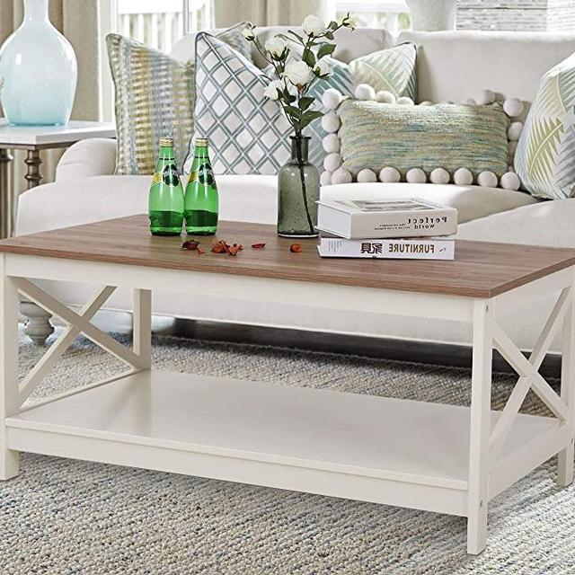 MAISON ARTS Modern Coffee Table with Storage Shelf, Rustic Farmhouse Coffee Table for Living Room, Wood Look Mid Century Accent Furniture, Easy Assembly, Ivory