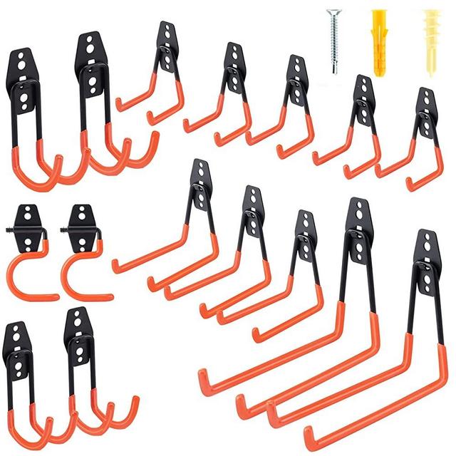 Dorisy Upgraded 16 Packs Garage Hooks Utility Double Heavy Duty with Mop Broom Holders, Wall Mount Hooks, Garage Storage Organization and Tool Hangers for Power ＆ Garden Tools, Ladders, Bikes(Orange)