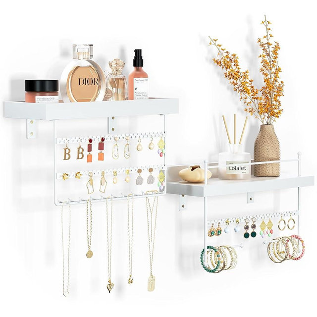 Lolalet Hanging Jewelry Organizer Wall Mount with Earrings, Bracelets, Necklaces Hooks - Easy Install Free Combination Jewelry Holder for Wall Bathroom - Set of 2, White