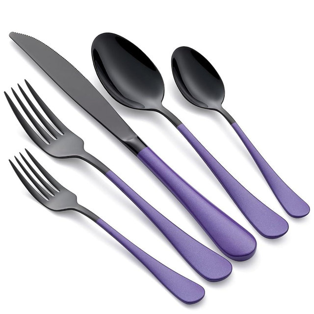 Onlycooker 20-Piece Black Silverware Set 18/0 Stainless Steel Flatware Purple Handle Cutlery Set Service for 4 Dinner Knives Forks Spoons Set Mirror Finish Dishwasher Safe