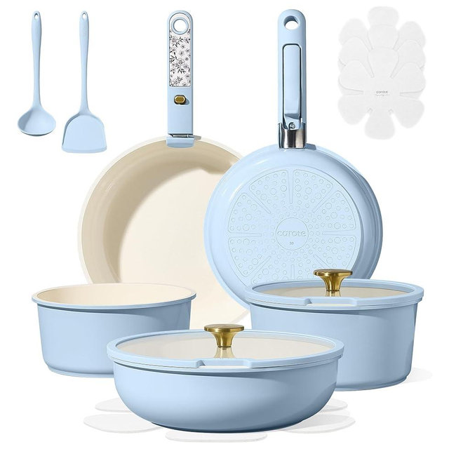 CAROTE 15Pcs Ceramic Cookware Set, Pots and Pans Set Non Stick, Kitchen Cooking Set with Detachable Handle, Non Toxic Induction Cookware, Dishwasher/Oven Safe