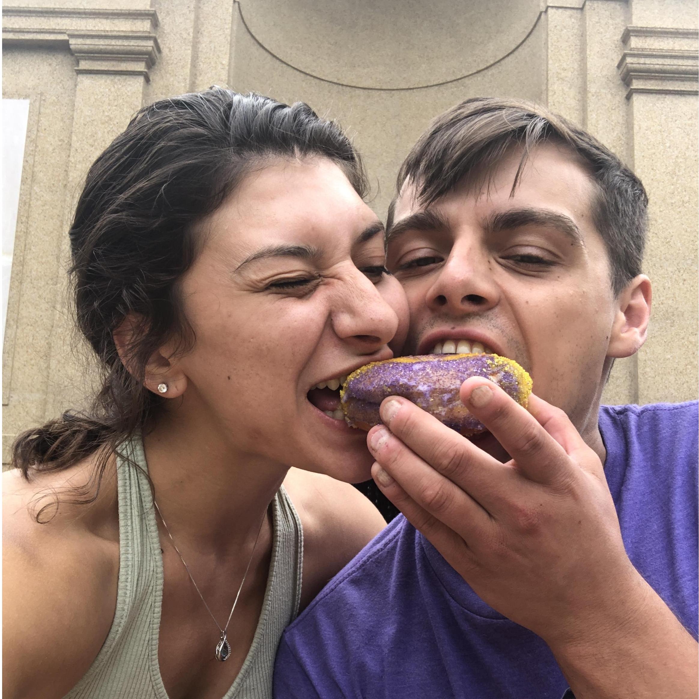 Sharing Mardi Gras King Cake Donuts in Baton Rouge