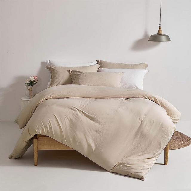 MILDLY Duvet Cover Queen Size - Super Soft Khaki Duvet Cover Set 3 Piece 100% Washed Microfiber Comforter Cover Set Bedding Set with Zipper Closure, 1 Comforter Cover 90x90 and 2 Pillow Shams