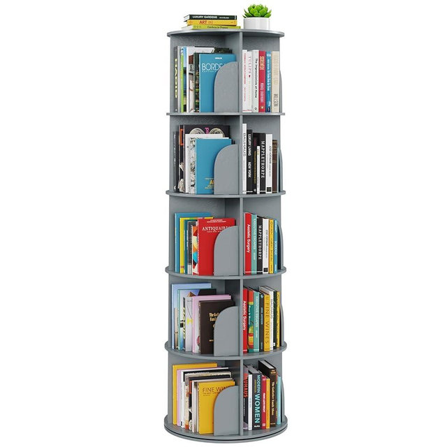 SpaceAid 5 Tier Rotating Bookshelf Tower, Spinning Bookcase Lazy Susan, Revolving 360 Book Shelf Storage Round Carousel, Vertical Rotate Turning Spiral Corner Organizer, Gray