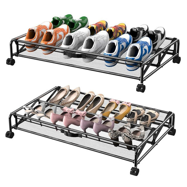 KOSIWU Under Bed Shoe Storage with Wheels, 2 Pack Rolling Under Bed Storage Containers for Shoes Metal Shoe Rack Organizer Bedroom Organization