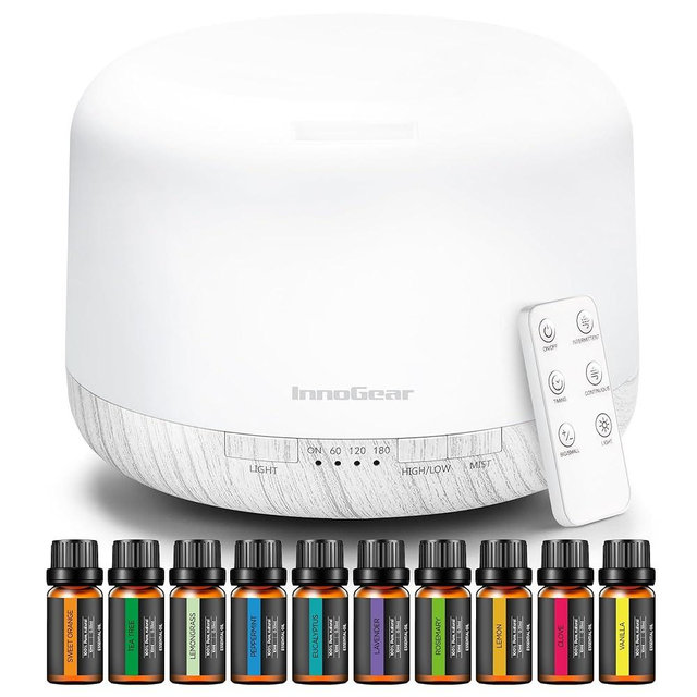 InnoGear Aromatherapy Diffuser & 10 Essential Oils Set, 500ml Essential Oil Diffuser with Remote Control Ultrasonic Cool Mist Scent Humidifier Vaporizer Auto-Off Timer for Room Office Home, White