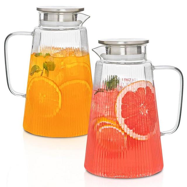 [2 Pack] Ribbed Glass Pitcher Set – 71oz Heat-Resistant Beverage Jugs with Lid for Water, Iced Tea, Juice, Coffee – Large Borosilicate Carafes for Hot & Cold Drinks, Elegant Serving Pitchers
