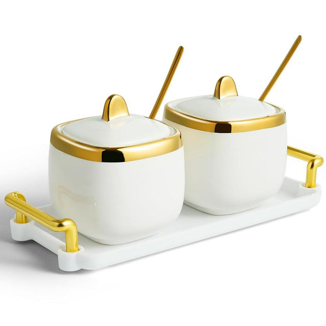 EABOSON Ceramic Sugar Bowl 2 Pack, Porcelain Seasoning Jar with Tray, Spoon and Lid for Sugar, Pepper, Coffee, Spice, Salt (Gold)