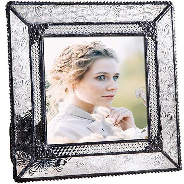 J Devlin Glass Art Clear Vintage Stained Glass Picture Frame Tabletop 5 x 7 Photo Wedding Pic 380-57HV