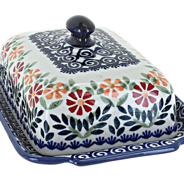 Blue Rose Polish Pottery - Orange Garden Bouquet Large Butter Dish - Fits 1 Stick - Butter Dish for Countertop Organization and Storage